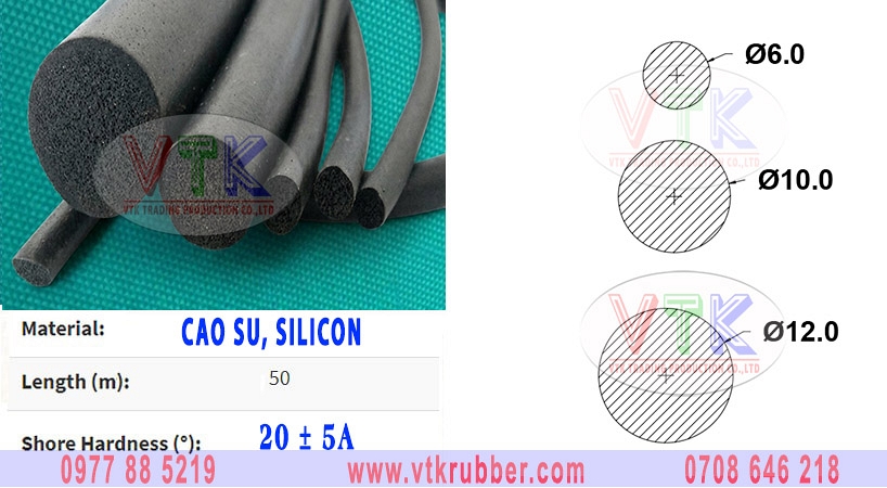 Dây cao su xốp đặc chèn cửa phi 5 (D5), phi 6 (d6)