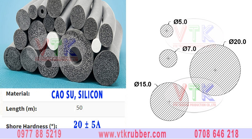 Dây gioăng xốp epdm phi 5, phi 7, phi 10, phi 15, phi 20